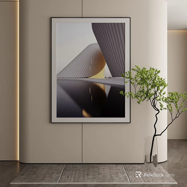 Modern Wall Hanging Sculpture Artwork With Light Shadow And Green Plant Vase 3d model 