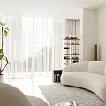 Elegant Modern Living and Dining Room With Wooden Partition Decorative Painting And White Cabinet