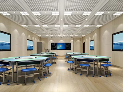 School Modern Spacious Classroom With Multiple Screens Green Desks Blue Chairs Wooden Walls White Ceiling 3d model