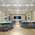School Modern Spacious Classroom With Multiple Screens Green Desks Blue Chairs Wooden Walls White Ceiling