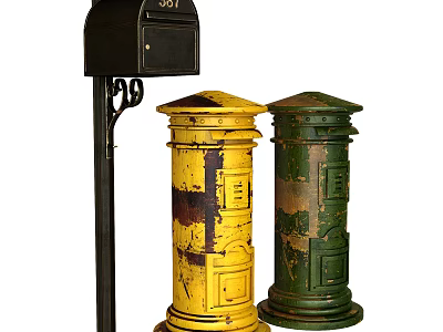 Public Facility Mailboxes Including Black Yellow And Green Rusty Pillar Style Units 3d model