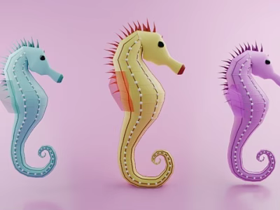 Vibrant Blue Yellow And Purple Seahorses On Pink Background 3d model