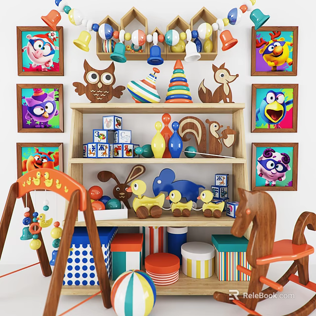 Colorful Children's Play Area With Wooden Shelves Animal Toys Building Blocks And Rocking Horse 3d model 