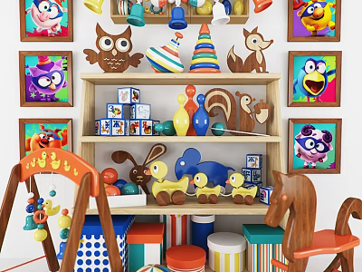 Colorful Children's Play Area With Wooden Shelves Animal Toys Building Blocks And Rocking Horse 3d model