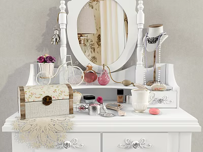 White Dressing Table With Oval Mirror Cosmetics Rose And Carved Drawer Handles 3d model