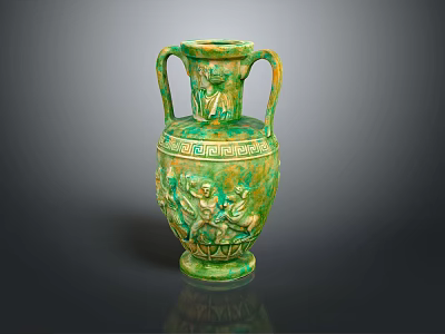Green Ceramic Vase With Two Handles And Carved Patterns For Plant 3d model
