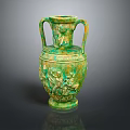 Green Ceramic Vase With Two Handles And Carved Patterns For Plant 3d model