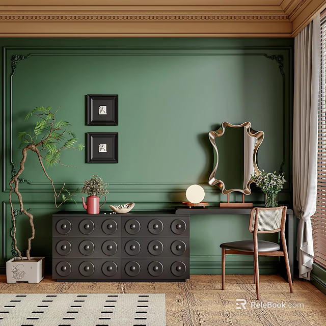 Black Dressing Table With Decorative Mirror Red Vase Potted Plant And Green Wall 3d model 