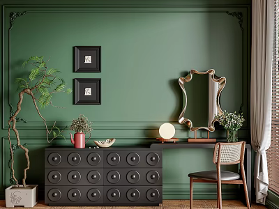 Black Dressing Table With Decorative Mirror Red Vase Potted Plant And Green Wall 3d model