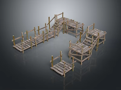 Wooden Walkway And Platform Structure With Railings Steps And Connected Planks 3d model