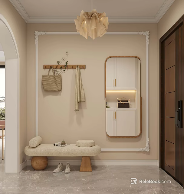 Beige Padded Sofa Bench In Entryway With Hanging Rack Mirror Cabinet And Decorative Frame 3d model 