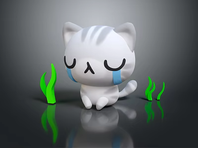 White Cartoon Cat with Closed Eyes and Blue Tear Marks Surrounded by Green Seaweed 3d model