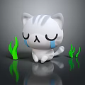 White Cartoon Cat with Closed Eyes and Blue Tear Marks Surrounded by Green Seaweed