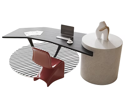 Black Desk With Laptop Papers Mouse Red Chair Striped Rug Round Pedestal White Sculpture 3d model