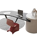 Black Desk With Laptop Papers Mouse Red Chair Striped Rug Round Pedestal White Sculpture