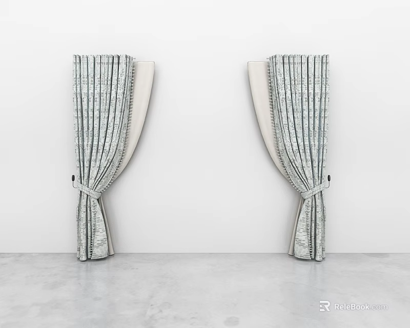 Gray And White Striped Curtains With Straps On White Wall Background 3d model