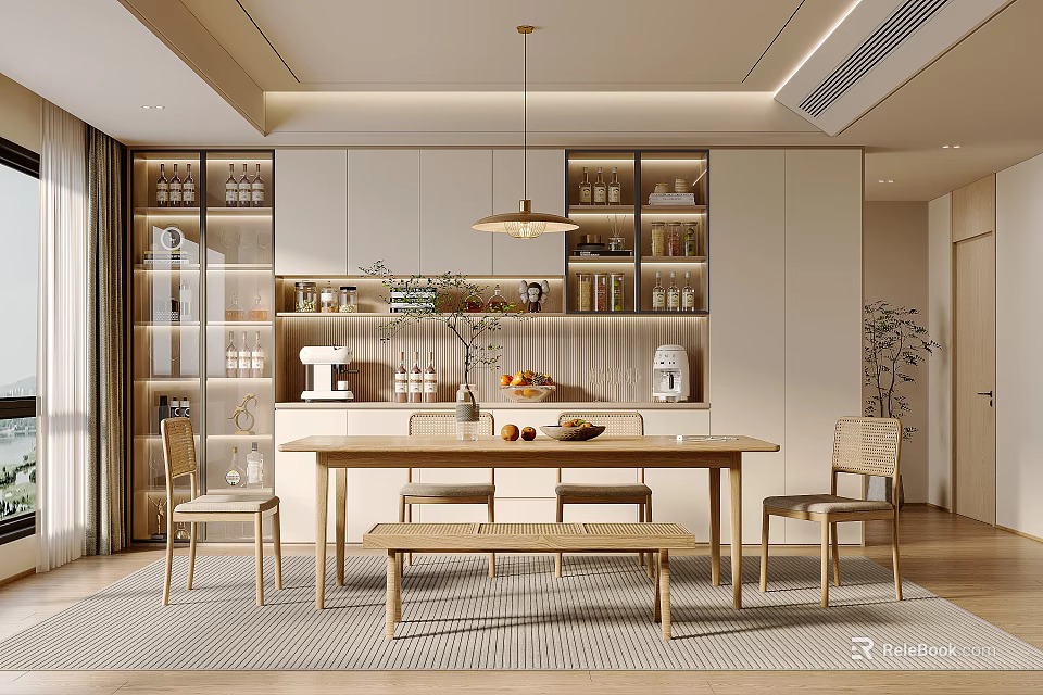 Modern Restaurant Interior With Wooden Dining Table Chairs Pendant Light And Decorative Plants 3d model 