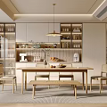 Modern Restaurant Interior With Wooden Dining Table Chairs Pendant Light And Decorative Plants