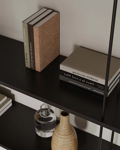 Decorative Ornament Set With Standing Stacked Books Glass Decor And Metal Stand On Black Shelf 3d model