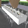 Curved Wooden Pergola Outdoor Setting With White Long Table And Floral Arrangements