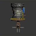 Medieval Stone Castle Tower Structure With Yellow Platform Blue Flag And Wooden Supports