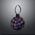Blue Decorative Ball With Gold Star Patterns And Black Hanging Loop For Home Decoration