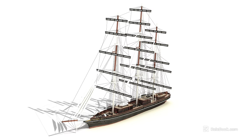 Sailing Ship Model With Multiple Masts Dark Wooden Hull And Detailed Rigging 3d model