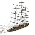 Sailing Ship Model With Multiple Masts Dark Wooden Hull And Detailed Rigging 3d model