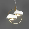 Modern Pendant Chandelier With Two White Shades And Golden Circular Frame Illuminated Warm Light