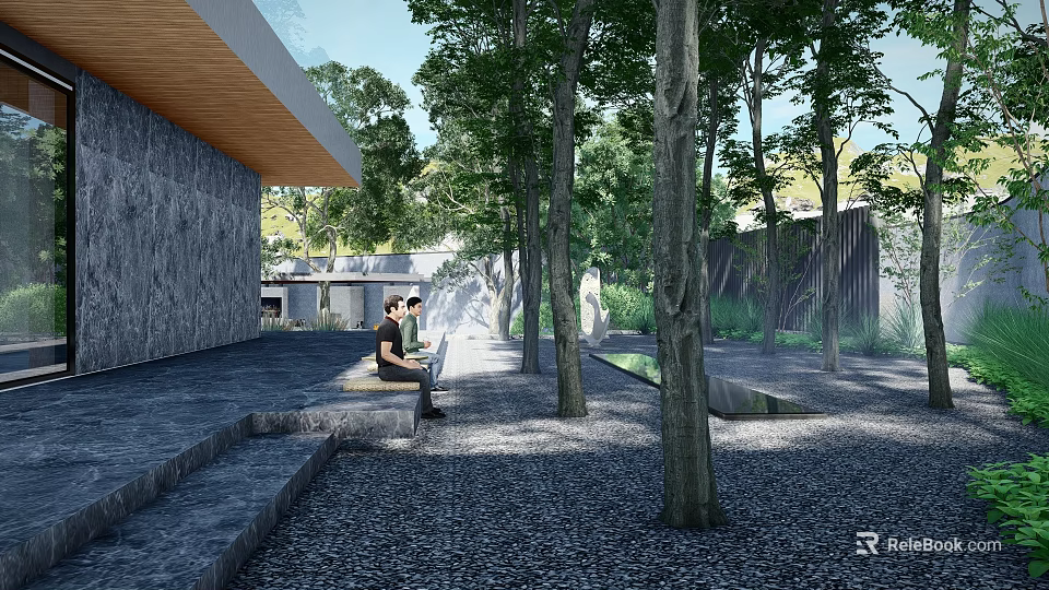 Modern Courtyard Garden With Stone Steps Trees Gravel Ground And Two People Sitting 3d model 