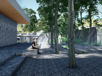 Modern Courtyard Garden With Stone Steps Trees Gravel Ground And Two People Sitting 3d model