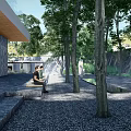 Modern Courtyard Garden With Stone Steps Trees Gravel Ground And Two People Sitting