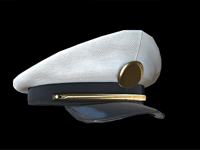 White Uniform Cap With Black Band Golden Badge And Stripe Detail 3d model
