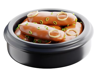 Plump Sausages in Black Bowl with Fresh Green Scallions and Golden Ring Decorations 3d model