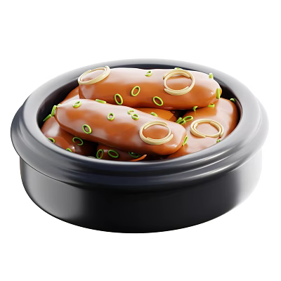 Plump Sausages in Black Bowl with Fresh Green Scallions and Golden Ring Decorations 3d model