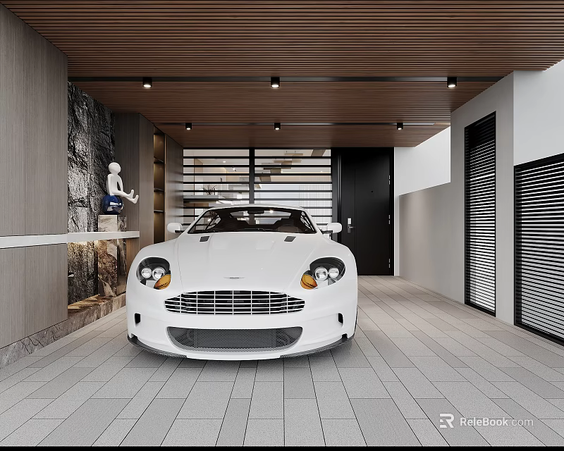 Modern Garage With White Sports Car And Stylish Decor 3d model 