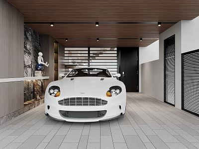 Modern Garage With White Sports Car And Stylish Decor 3d model