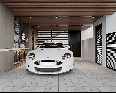 Modern Garage With White Sports Car And Stylish Decor 3d model