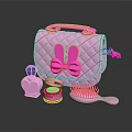 Cute Pink Quilted Handbag With Bunny Ear Bow And Cosmetic Items