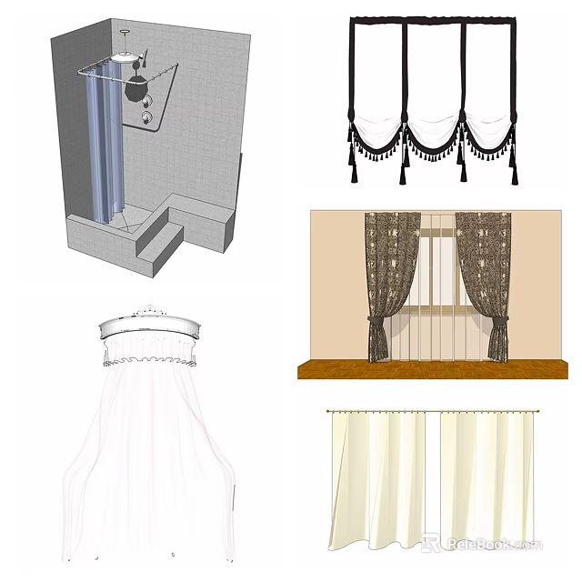Different Curtain Styles Featuring Tassel Decor And Window Fabric Designs 3d model 