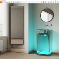 Transparent Glass Washbasin with Round Mirror and Faucet in Light Blue Bathroom
