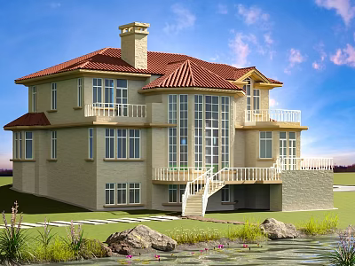 Beautiful Detached Villa With Red Roof Chimney Large Windows Balcony Staircase And Garden Pond 3d model