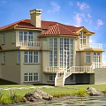 Beautiful Detached Villa With Red Roof Chimney Large Windows Balcony Staircase And Garden Pond