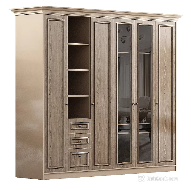 Modern Wooden Wardrobe Interior with Glass Doors Drawers and Shelves 3d model 