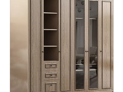 Modern Wooden Wardrobe Interior with Glass Doors Drawers and Shelves 3d model