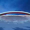 Modern Curved Landscape Bridge With Glass Deck Over Water And Paved Ground