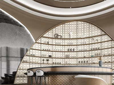 Modern Luxury Bar Area With Curved Counter Metal Grille Background Wine Bottles And High Stools 3d model