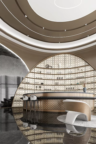 Modern Luxury Bar Area With Curved Counter Metal Grille Background Wine Bottles And High Stools 3d model