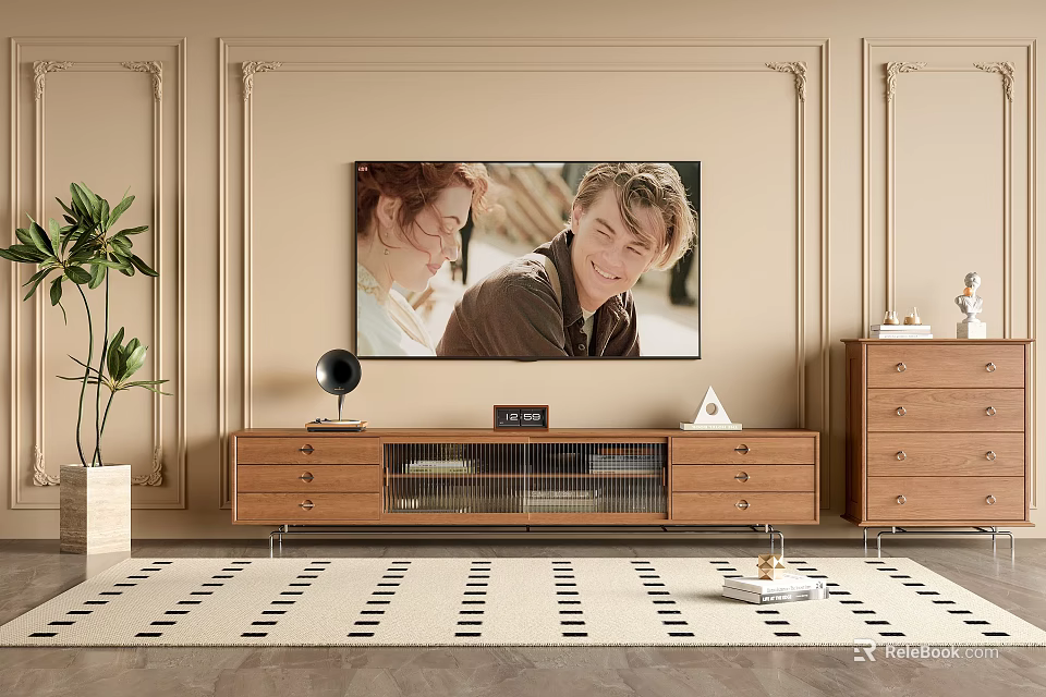 Wooden TV Stand With Drawers Plant Chest Of Drawers And Rug In Modern Room 3d model 