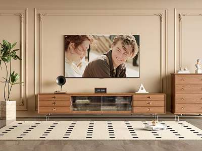 Wooden TV Stand With Drawers Plant Chest Of Drawers And Rug In Modern Room 3d model